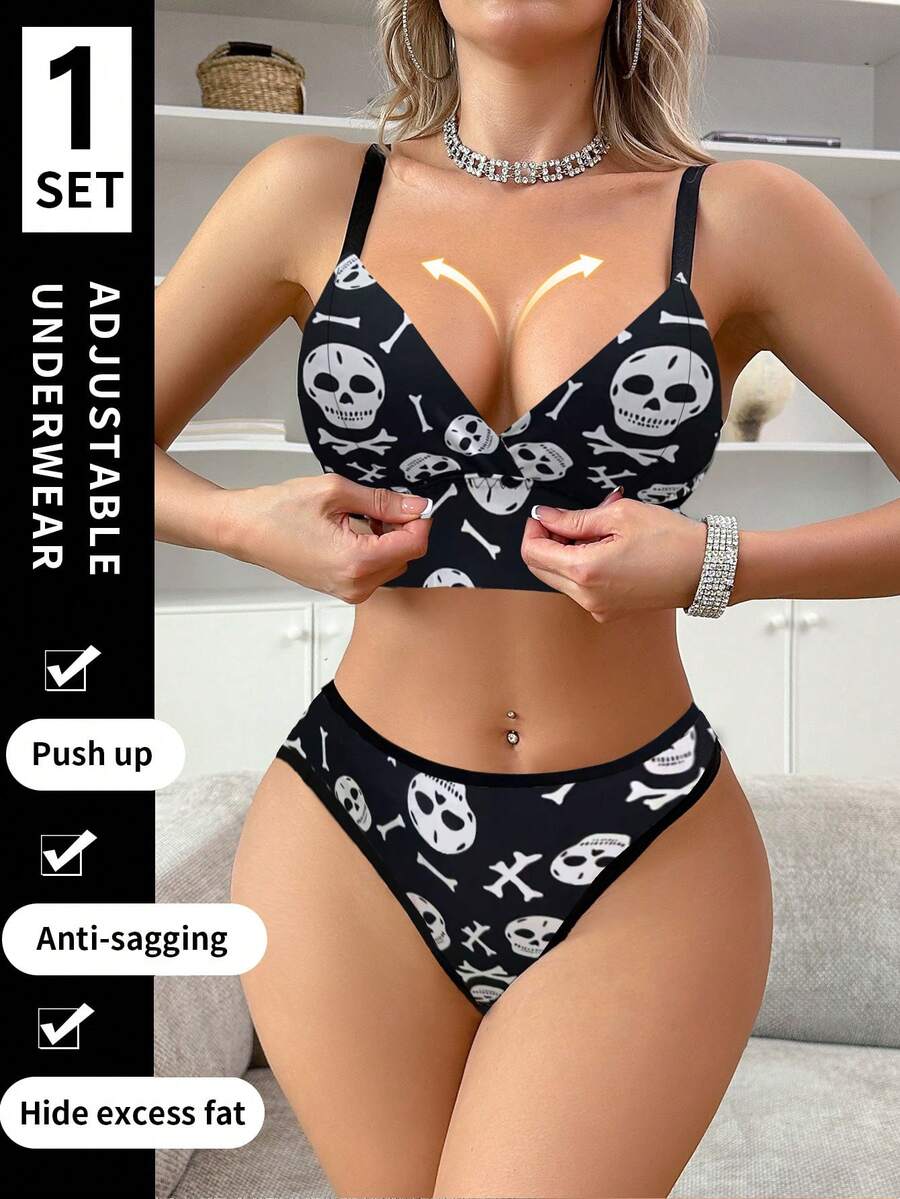 Halloween Print Design Women's Bra And Panty Set, Wireless Thin Sports Lingerie Set - Black - View 1