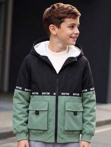 Boys' Autumn/Winter Casual Fashion Letter Print Webbing Patchwork Thermal Lined Long Sleeve Hooded Jacket - Black - View 1