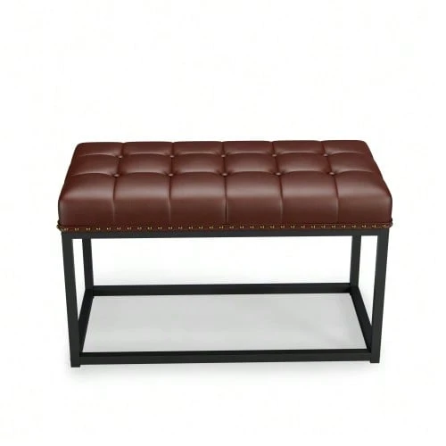 36" Vintage Upholstered Bench With Button Tufted Faux Leather Seat, Industrial Metal Frame Dining Bench For Entryway, Bedroom, Living Room, Or End Of Bed - Brown - View 1