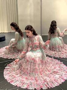 Women's Elegant Modern Romantic Floral Long Sleeve Ruffle Patchwork Design Slimming Elegant Dress - Mint Green - View 3