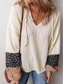 Women's Bohemian Textured V-Neck Long Sleeve Top, Drawstring Detail, Raglan Sleeve Plus Size Blouse, Autumn/Winter - Beige - View 3
