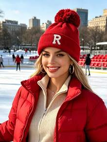 1pc Women's Red Folded Ribbed Knit Pom Pom Beanie, Pearl Rhinestone A-Z Letter Decor, Elastic Comfortable Warm, Autumn/Winter Campus Party Headwear - Red - View 2