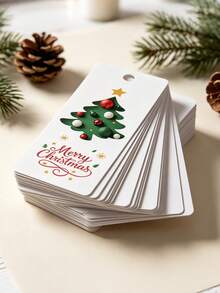 50/100pcs Merry Christmas Gift Hang Tags, Rectangle White Paper Tags With Christmas Tree, Star & Bauble Pattern, Xmas Decorative Label Cards With Pre-Punched Hole For Gift Wrap, Holiday Party, DIY Crafts - Multicolor - View 5
