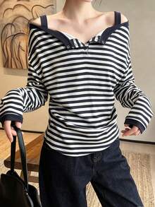 Korean Style Autumn New Slouchy Striped Half-Open Collar Open Shoulder Long Sleeve T-Shirt For Women - Navy Blue - View 2