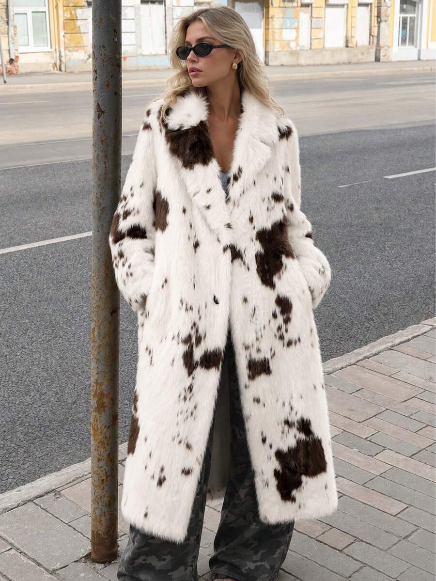 MUMRAP Women's Winter Printed Lapel Faux Fur Long Coat, Casual Fashion Long Sleeve Loose Warm Jacket
