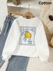 2026 Autumn Women's Custom Loose White Pullover Sweatshirt, Lemon And Letter Print, Vacation Casual Style - White - View 4