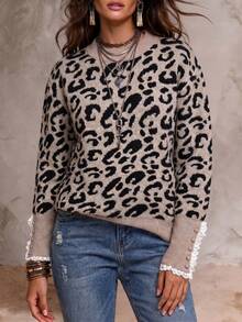 Women Casual Winter Crew Neck Contrast Lace Color Block Leopard Jacquard Knitted Sweater Sleeve Button Design Knit Top Daily - Apricot - View 6