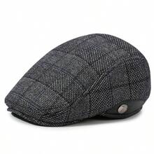 1pc Men's Thickened Earflap Warm Baseball Cap, Autumn/Winter, Middle-Aged And Elderly, Thermal Lined Wool Plaid Beret - A - View 6