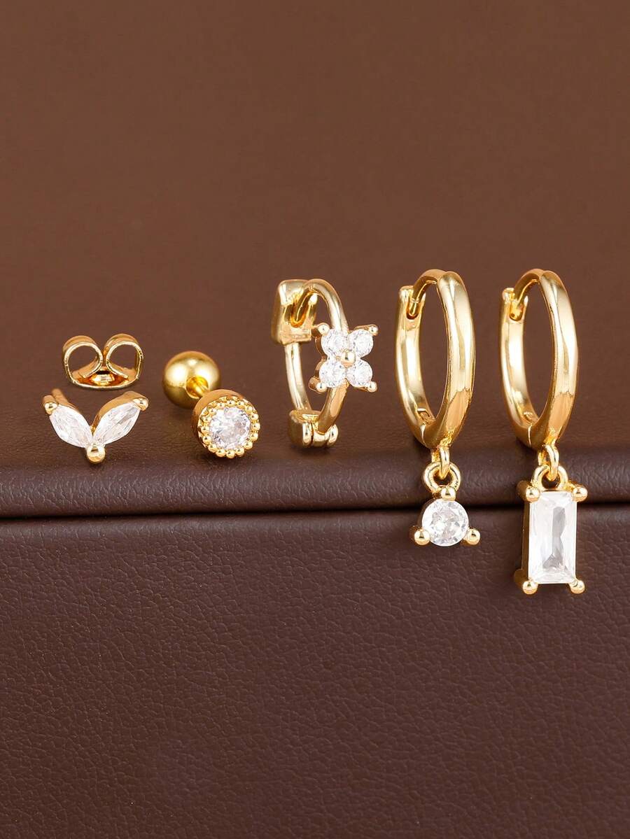 5pcs / 10PCS Fashion Zirconia Flower Rectangular Pendant Hoop Earrings Set 18K Gold Plated Stainless Steel Little Stud Earring Piercing Jewelry - 1-gold-5PCS - View 1