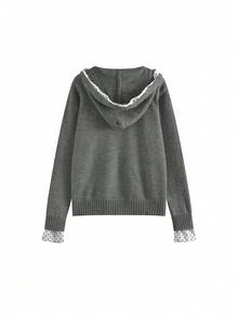 Korean Style Polka Dot Colorblock Patchwork Design Hooded Sweatshirt, Loose Fit Zip-Up Knit Jacket For Women, Early Autumn - Grey - View 4