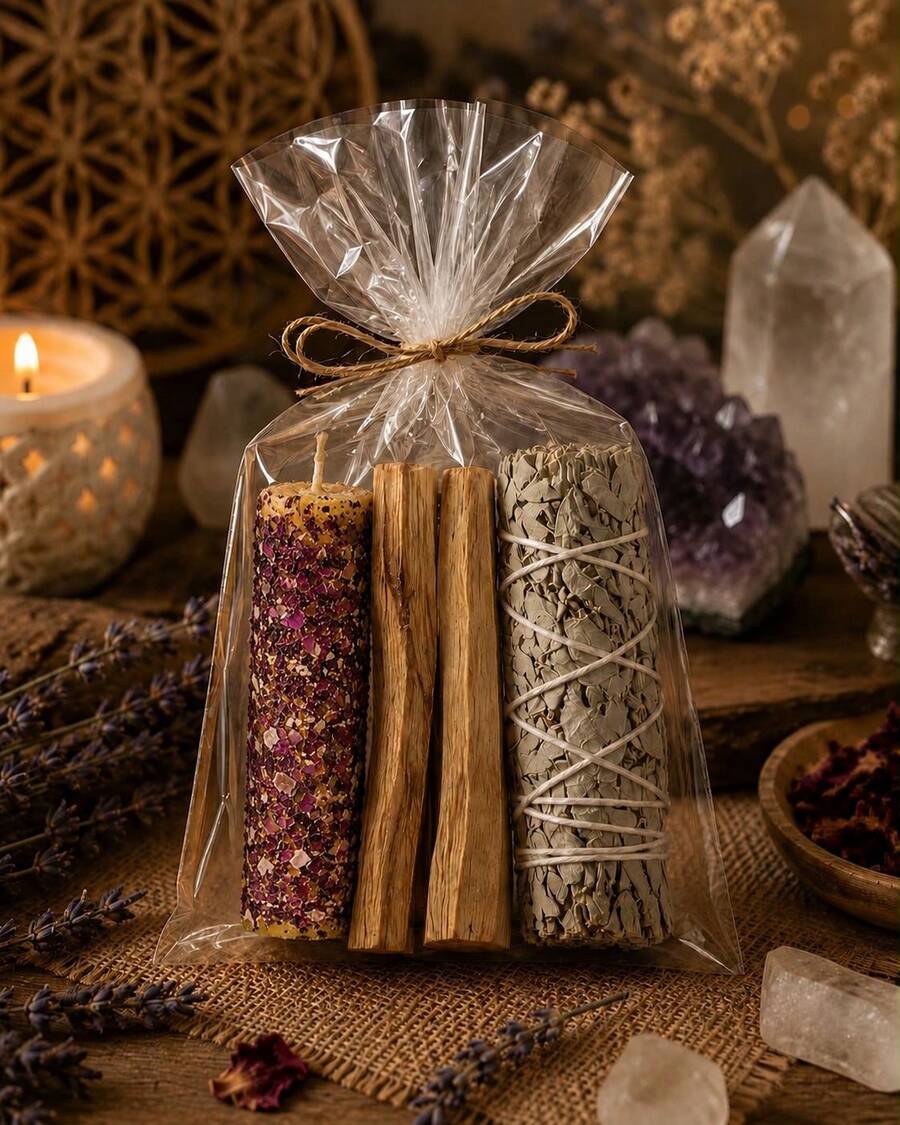 kit para abundancia vela miel 1 pieza 10 cm con petalos, 2 piezas palo santo madera sagrada 1 manojo de salvia blanca purificacion, armonia, meditacion, yoga, aromaterapia, espacios limpios - amor petalos - Ver 1
