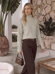 NiceArt Women's Autumn/Winter Vintage Semi-High Neck Split Cuff Loose Wool Blend Knit Sweater, Autumn Outfit, Office Commute, Renaissance Style, Halloween - Grey - View 8