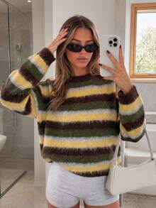 MORI Autumn/Winter Vintage Y2K Elegant Casual Multi-Color Striped Plush Knit Crew Neck Pullover Sweater For Women, Suitable For Outings, Parties, Vacations, Concerts - Multicolor - View 6