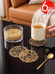 6pcs Shiny Gold Hollow Woven Placemats, PVC Material Round Coffee Cup Coasters, Washable, Easy To Clean, Wipeable, Non-Slip, Heat Resistant, For Room Decor, Home Dining Table Decor, Home Decor, Suitable For Holidays, Parties, Birthdays, Weddings And Dinner Parties - Multicolor - View 7