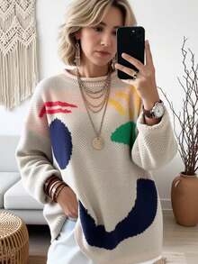 Plus Size Women Cream Round Neck Happy Face Graphic Sweater Colorful Smile Pattern Knit Pullover Long Sleeve Soft Warm Top Autumn Winter Cute - Khaki - View 4