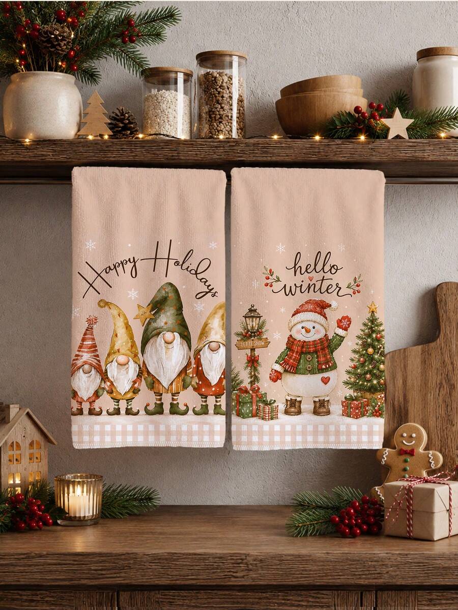 2pcs Christmas Cute Gnome And Snowman Christmas Tree Gift Pattern Kitchen Towels, Soft Polyester Material Dish Cloths, Suitable For Kitchen Decor, Kitchen Cleaning, Holiday Party Decoration, Kitchen Bathroom Supplies Home Essentials, Home Decor, Housewarming Gift - Multicolor - View 1