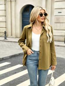 Women's Autumn Solid Color Pocket Front Button-Down Casual Shirt - Pickle Green - View 2