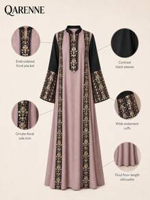 Dusty Pink Contrast Sequin Embroidered Kaftan Maxi Dress, Stand Collar Long Flare‑Sleeve Loose Floor‑Length Evening Robe - Pink - View 7