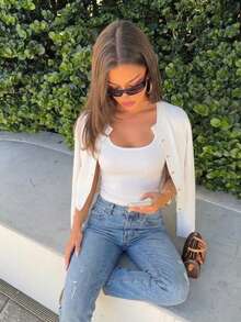 New Fashion Street Style Button-Up Solid Color Slim Fit Long Sleeve Cardigan Top - White - View 3