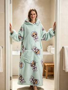 Printed Flannel Pullover Bathrobe, Comfortable Fleece Loungewear, Thickened Warm Anti-Cold Clothing - Multiple Styles - View 7
