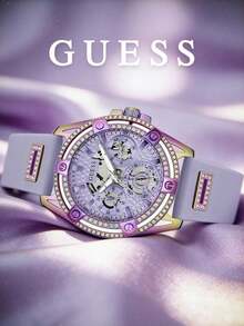 Guess Women's Quartz Chronograph Watch Pastel Purple Gradient Tone Crystal Bezel Silicone Strap Elegant Glamour Sporty Accessory For Social Events - Purple - View 4
