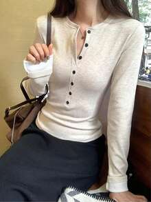 Women's Ribbed Henley Neck T-Shirt, Autumn Long Sleeve Polyester Button-Up Top, Warm Thermal Lined Regular Fit Mid-Stretch Long Sleeve T-Shirt - Apricot - View 4