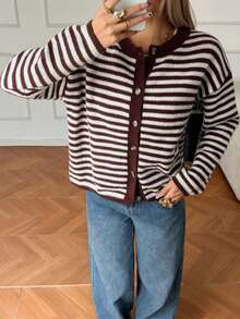 Áo khoác len cardigan nữ dáng ngắn phong cách Hàn Quốc vintage kẻ sọc, tay dài, cổ tròn, cài nút đơn, kiểu áo dệt kim - Màu hỗn hợp - Xem 3