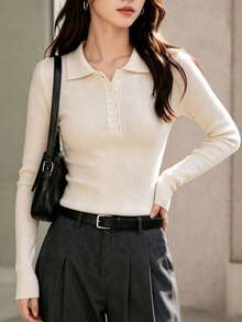 Women's Elegant Solid Color Knit Long Sleeve Top, Polo Collar Button-Down Design, Ribbed Texture Slim Fit, Autumn Daily Commute Casual Top - Apricot - View 3