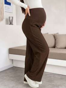 Elegant Black Ribbed Wide Leg Pants For Pregnant Women, Comfortable Medium Stretch Knit Long Pants With Button Detail Design, Suitable For Autumn Wear - Brown - View 5