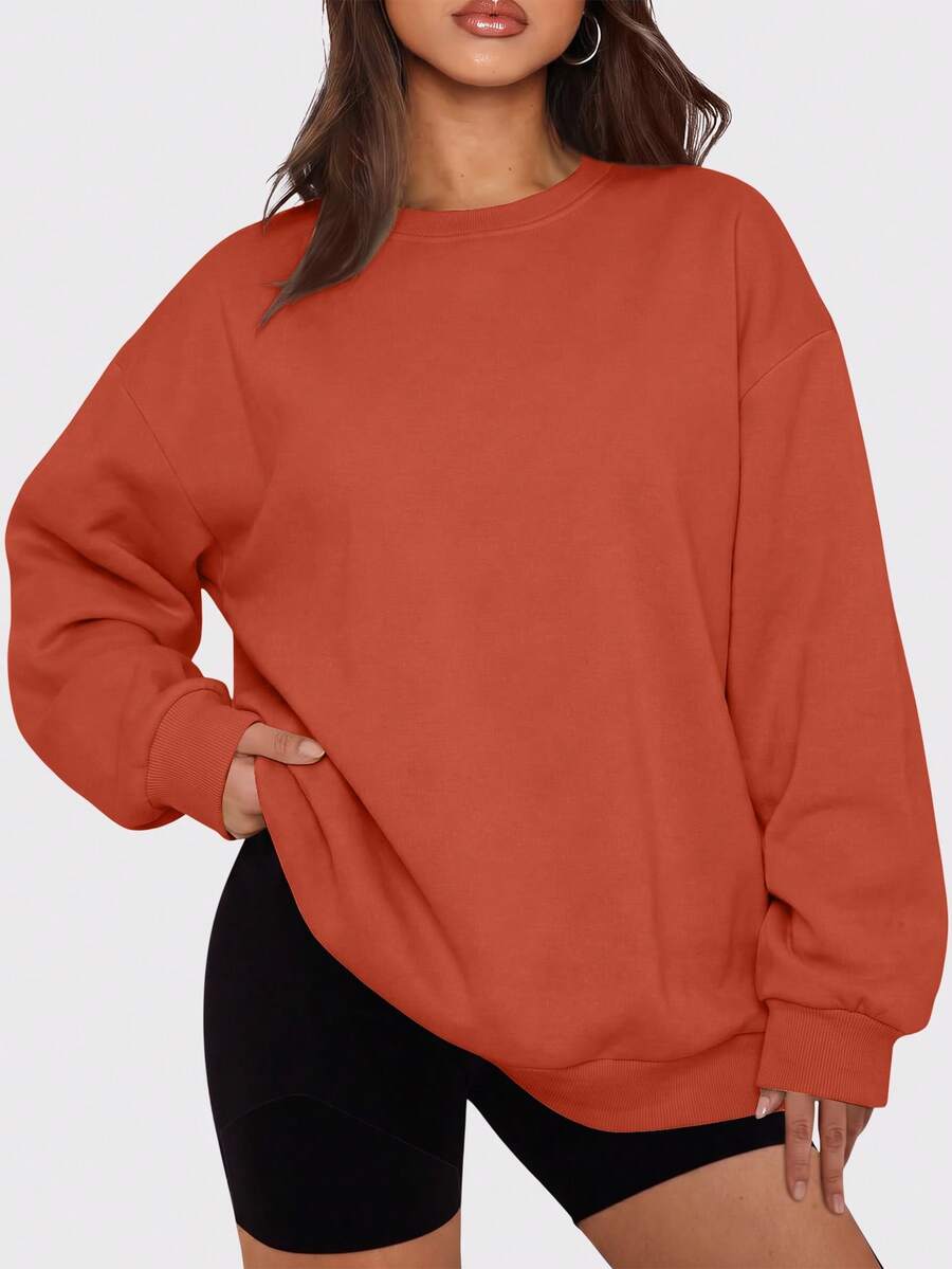 Speed mate Women's Oversized Drop Shoulder Sweatshirt - Solid Color Long Sleeve Crew Neck Pullover, Suitable For Autumn/Winter | Casual Loose Athletic Style Sweatshirt - Coral Orange - View 1