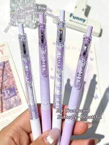 1/4pcs Purple Butterfly Clip Retractable Neutral Pens, Quick-Drying Black Ink Ballpoint Pens, Highly Attractive INS Style Smooth Writing Stationery Set For Exam Prep, Journaling, Office, School, Back To School Gift For Friends - Purple Butterfly - View 2