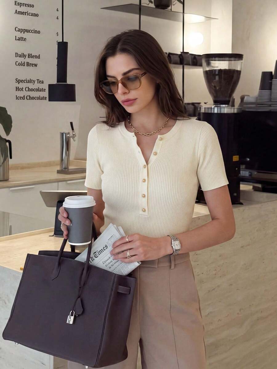 French Elegant Metal Half-Button V-Neck Short Sleeve Knit Top, Spring/Summer Design Sense Slim Fit Chic Versatile Tee For Women - Apricot - View 1