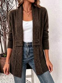 Women's Plus Size Knit Cardigan, Front Open Design, Long Sleeve, Ribbed Details, Casual Autumn/Winter Sweater Jacket - Brown - View 5