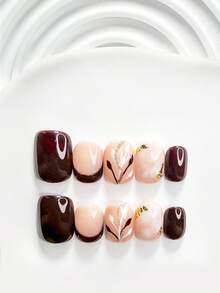 10片成熟風手工穿戴甲 Polygel 凝膠美甲套組，金箔、紅白色指甲油，時尚風格，附美甲工具，3種尺寸可選，方形、短方形、杏仁形，適合派對、跳舞、日常配戴（手工細節可能有所不同） - 彩色 - 查看 17
