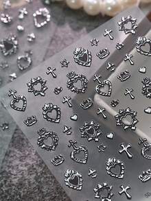 1sheet Silver Baroque Heart Border Nail Art Stickers Dark Crown Heart Small Cross 5D Nail Decals Retro Court Style Love Manicure Sliders - Multicolor - View 2