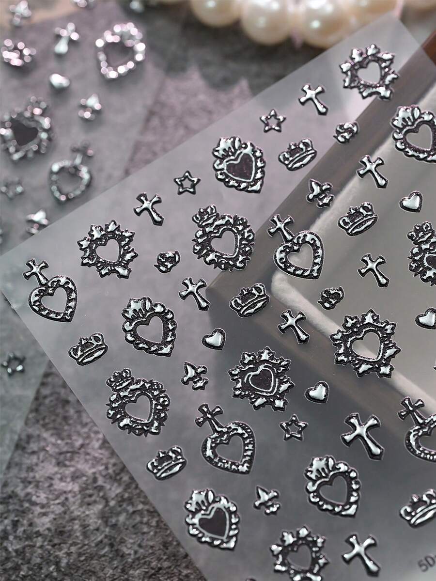 1sheet Silver Baroque Heart Border Nail Art Stickers Dark Crown Heart Small Cross 5D Nail Decals Retro Court Style Love Manicure Sliders