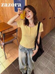 Yellow Thin Low Neck Short Sleeve T-Shirt Women Korean Style Slim Fit Cropped Top - Yellow - View 1