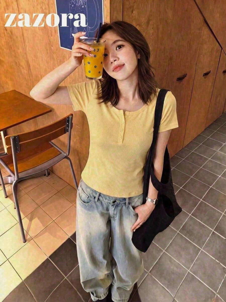 Yellow Thin Low Neck Short Sleeve T-Shirt Women Korean Style Slim Fit Cropped Top - Yellow - View 1