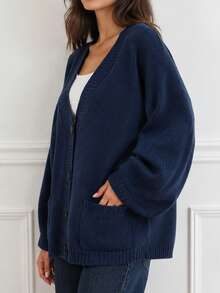 Women's Plus Size Knit Cardigan, Button Front With Shawl Collar, Dropped Shoulder Long Sleeve, Regular Length, Perfect For Vintage Winter Fashion - Blue - View 5