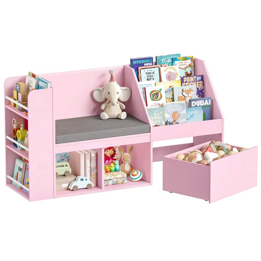 Multi-Functional Integrated Storage Bookshelf With Cushioned Seating & Movable Storage Box - Pink - View 1