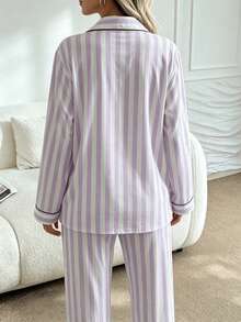 2pcs/Set Piyama Wanita Longgar Nyaman Bernapas Atasan Lengan Panjang + Celana Panjang Set Piyama Lucu - Mauve Purple - View 5