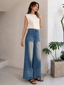 8196# Celana Jeans Wanita Eropa dan Amerika Model Lebar yang Dipersonalisasi untuk Musim Gugur Kasual - Dusty Blue - View 3