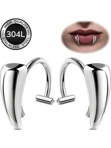 2pcs Fake Lip Rings, Vampire Fangs Lip Piercing No Hole Adjustable Fashion Halloween Wear, Unisex Costume, Halloween Gift - A - View 13