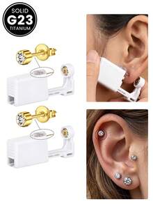 2/4/6/8Pcs/Set G23 Hypoallergenic Self Nose Piercing Kit Unit Disposable Nose Piercing Gun With Nose Stud Piercing Kit Tool For Cartilage Tragus Helix Piercing Gun Piercing Jewelry(Gold With CZ) - Multicolor - View 2