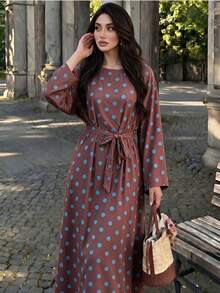 Polka Dot Long Dress With Flared Sleeves And Waist Tie Abaya, Suitable For Daily Wear - Multicolor - View 15