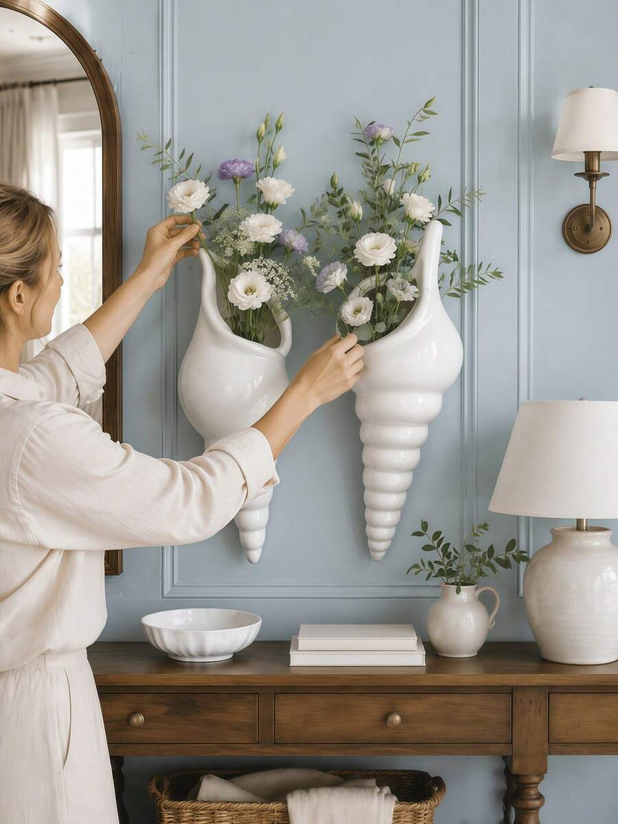 1pc Creative Conch‑Form Wall Vase, Space‑Saving Hanging Flower Pot, Wall‑Mounted Ornament For Dried & Artificial Flower Home Wall Decoration Housewarming Gift - Conch Shell Vase - View 1