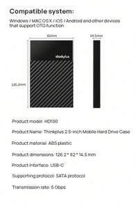 Lenovo HD100 External Hard Drive Enclosure, 2.5-Inch, SATA 3.0 Serial Port External SSD Enclosure, Type-C Interface, Easy Storage Expansion, Compatible With Mobile Phones/PCs/TVs/PS. - Black - View 7