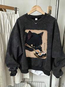 Big Girls Acid Wash Crew Neck Sweatshirt, Black Cat Sushi Cartoon Print Drop Shoulder Loose Pullover, Spring/Autumn - Black - View 1