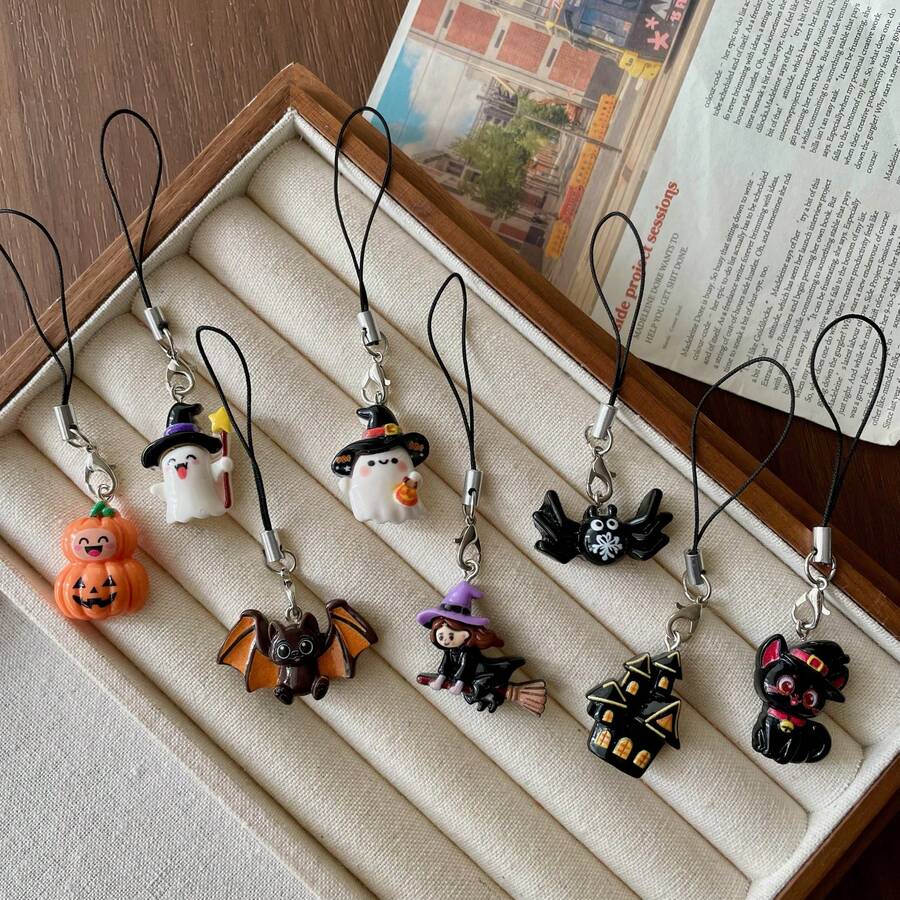 8pcs Cute Halloween Ghost Phone Lanyards, Pumpkin Witch Bat Pendant, Black Rope Anti-Loss Phone Charm, Fun & Quirky Holiday Party Small Gift