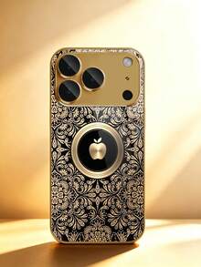 1pc New Vintage Black & Gold Mandala Pattern And Apple Design Electroplated High-Definition Glass Phone Case With Lens Protection, Compatible With IPhone 17/17Pro/17ProMax/17Air/16/16Pro/16ProMax/16Plus/15/15Plus/15Pro/15ProMax/14/14Plus/14Pro/14ProMax/13/13Pro/13ProMax/12/12Pro/12ProMax/11/11Pro/11ProMax, Shockproof, Premium Protective Cover - Multicolor - View 2
